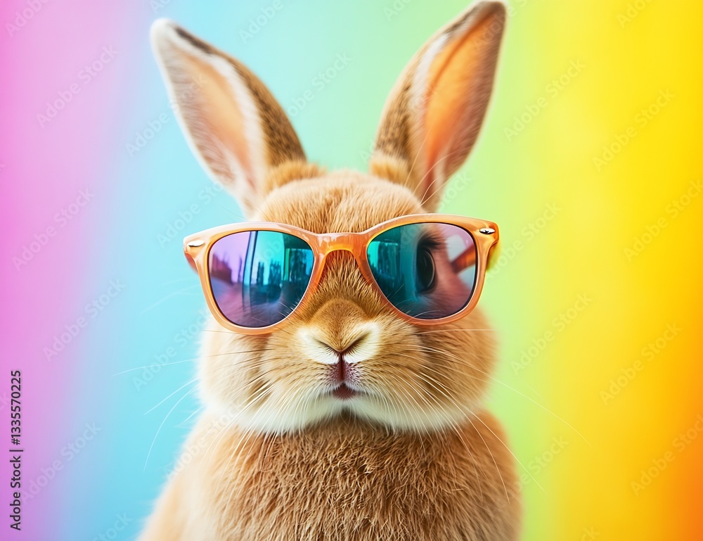 Poster charming rabbit in stylish sunglasses posing against a gentle rainbow backdrop : generative ai