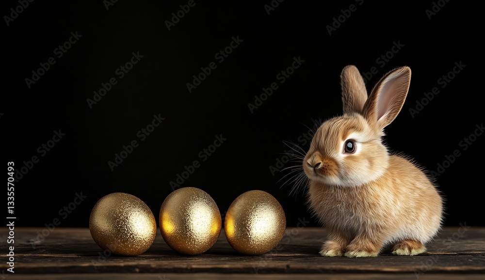 Aufkleber charming bunny with golden eggs on rustic wooden table and dark background for easter themes : gener