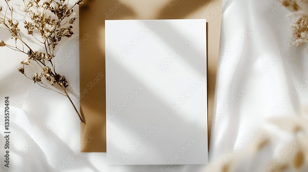 Aufkleber aesthetic setup featuring plain white paper and dried flowers on muted background with gentle shadow
