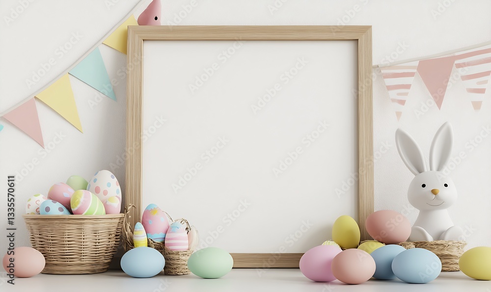 Poster charming easter setup with colorful eggs in baskets, a cute bunny figure, and a blank space for cust
