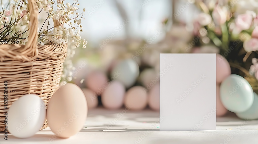Poster bright spring landscape featuring a blank card with pastel easter eggs and blooms perfectly arranged
