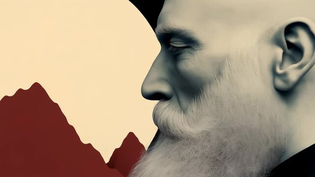 Man Profile with Mountains and Circular Sun
