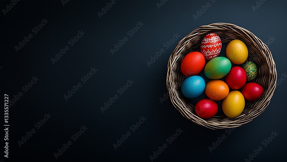 Poster a vibrant display of decorated easter eggs in a rustic basket showcasing creative designs and colors