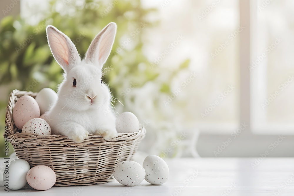 Poster cute fluffy white rabbit resting in a wicker basket filled with pastel colored easter eggs : generat
