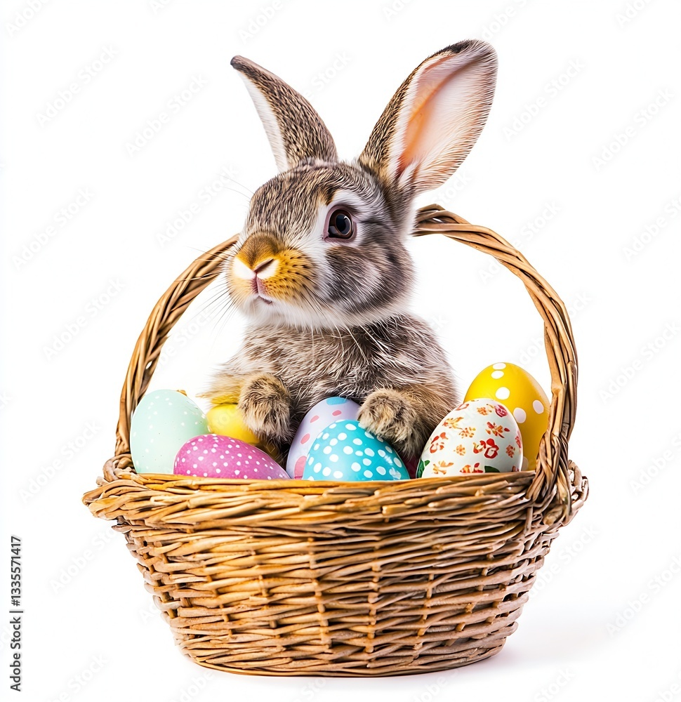 Aufkleber Playful rabbit with a curious expression surrounded by pastel Easter eggs in a basket for spring festivities : Generative AI