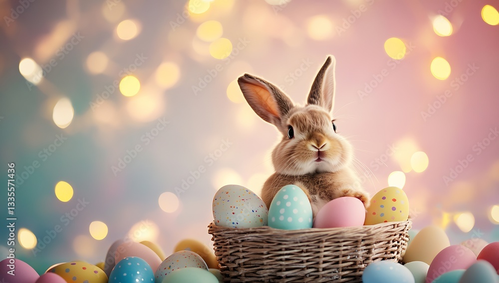 Poster charming rabbit nestled in a woven basket surrounded by vibrant colorful eggs and dreamy lights : ge