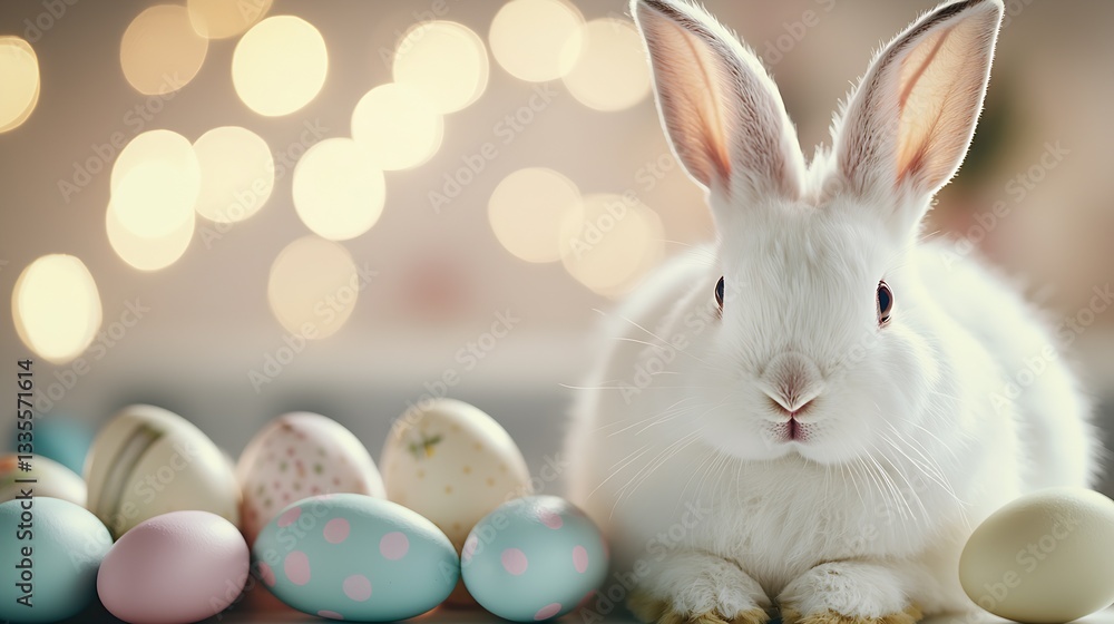 Poster Lovely white rabbit lying next to an array of pastel Easter eggs with twinkling bokeh lights : Generative AI