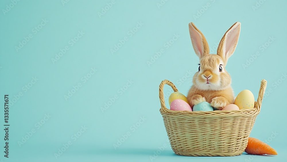 Poster charming rabbit with fluffy fur peeking from a basket filled with pastel colored easter eggs and a c