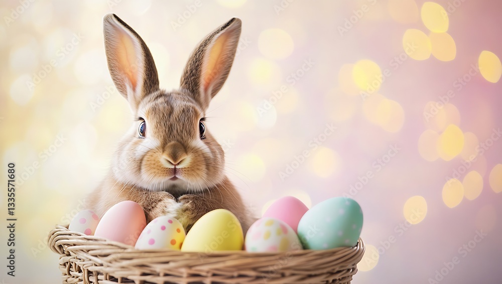 Aufkleber lovely rabbit sitting in a basket surrounded by pastel easter eggs against a soft bokeh background :