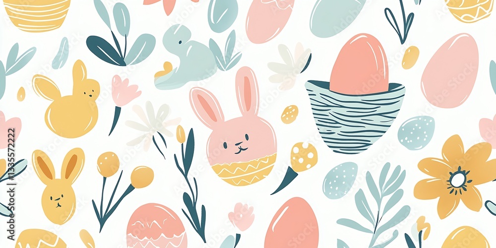 Poster playful and whimsical easter pattern featuring bunnies eggs and flowers in soft tones : generative a