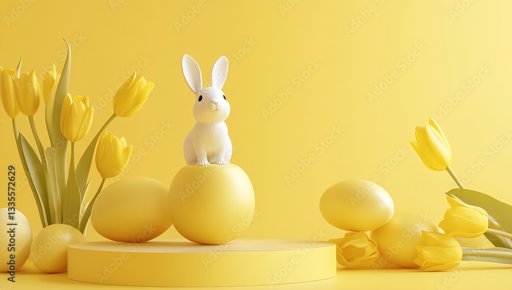 Poster cute white bunny on yellow eggs surrounded by bright tulips for a playful and cheerful easter setup 