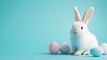 Fototapeta premium Charming white bunny with pastel eggs on a serene light blue background : Generative AI