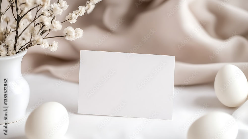 Aufkleber classic composition with a blank card among white eggs and soft flowers highlighting tranquility and