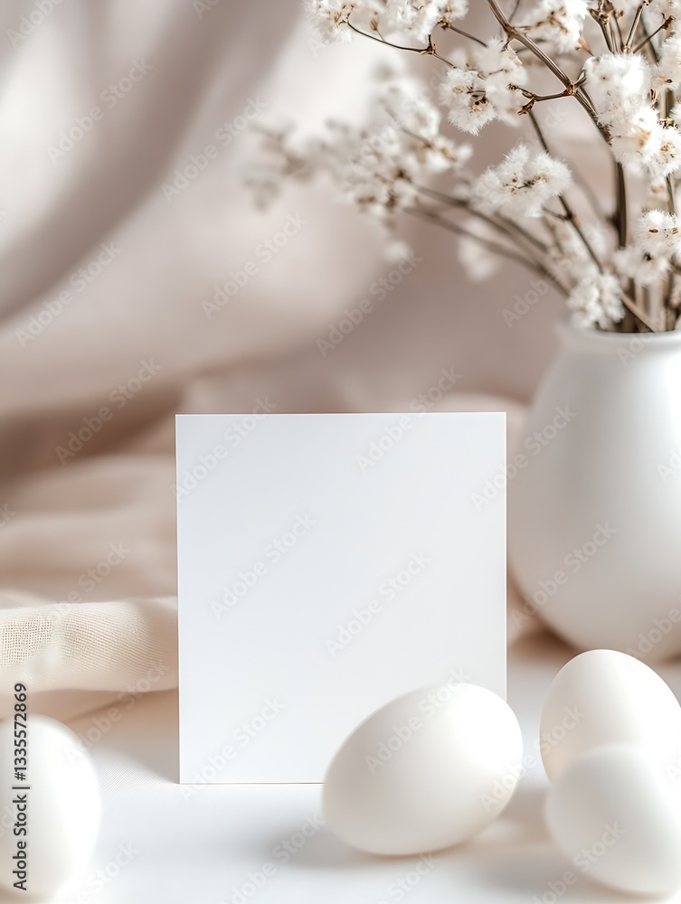 Poster minimalist setup featuring white eggs and floral accents with a blank card : generative ai