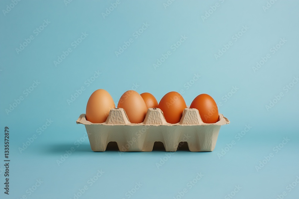 Poster collection of five smooth eggs inside a carton against a vibrant blue background for presentations a