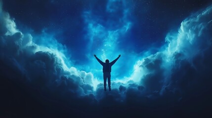 Naklejka premium A minimalistic depiction of an astronaut floating in deep space with arms raised amidst vibrant blue clouds and twinkling stars