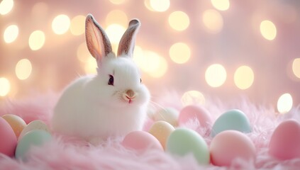 Charming white bunny sitting gracefully surrounded by soft pastel Easter eggs and blurred lights for spring celebration : Generative AI