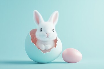 Fototapeta premium Adorable white bunny peeking out of a pastel blue egg with a pink egg beside it : Generative AI