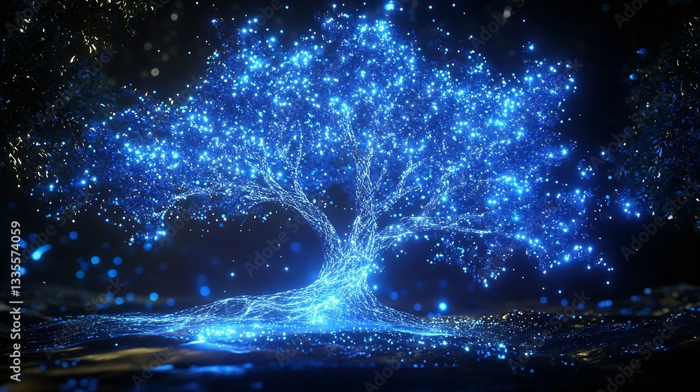 Poster beautiful image of a luminous blue tree surrounded by sparkling lights in a dark atmosphere : genera