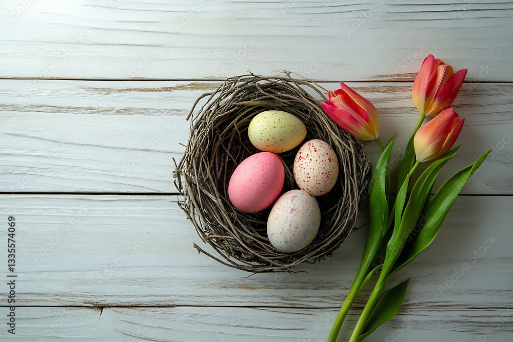 Aufkleber colorful easter eggs nestled in a rustic nest next to vibrant tulips on a textured wooden surface : 