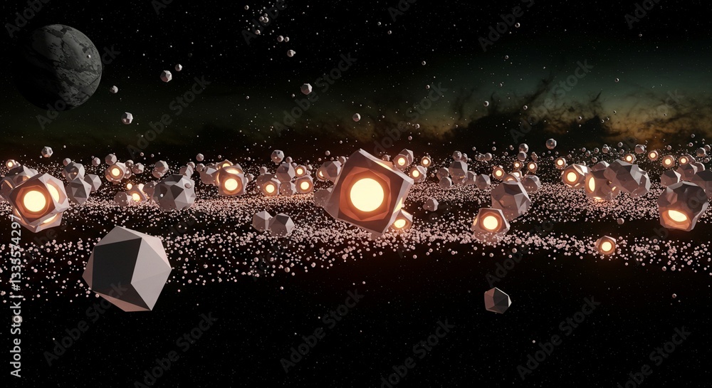 Poster luminous geometric forms in a cosmic asteroid field 3d render