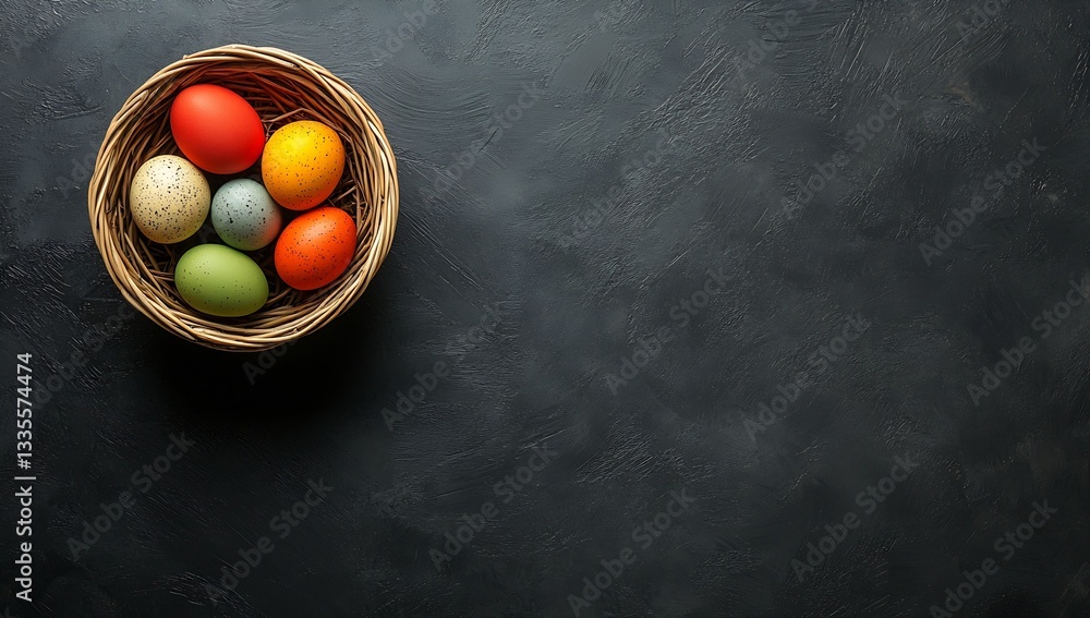 Aufkleber charming basket filled with assorted colorful easter eggs set against a dark textured backdrop : gen