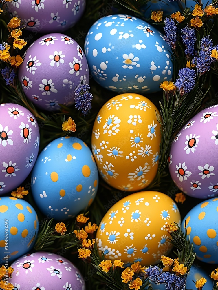 Aufkleber Elegant Display of Colorful Easter Eggs Surrounded by Fresh Flowers and Greenery Creating a Joyful Ambiance : Generative AI