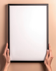 Empty black frame held by hands with a blank white canvas on a beige background