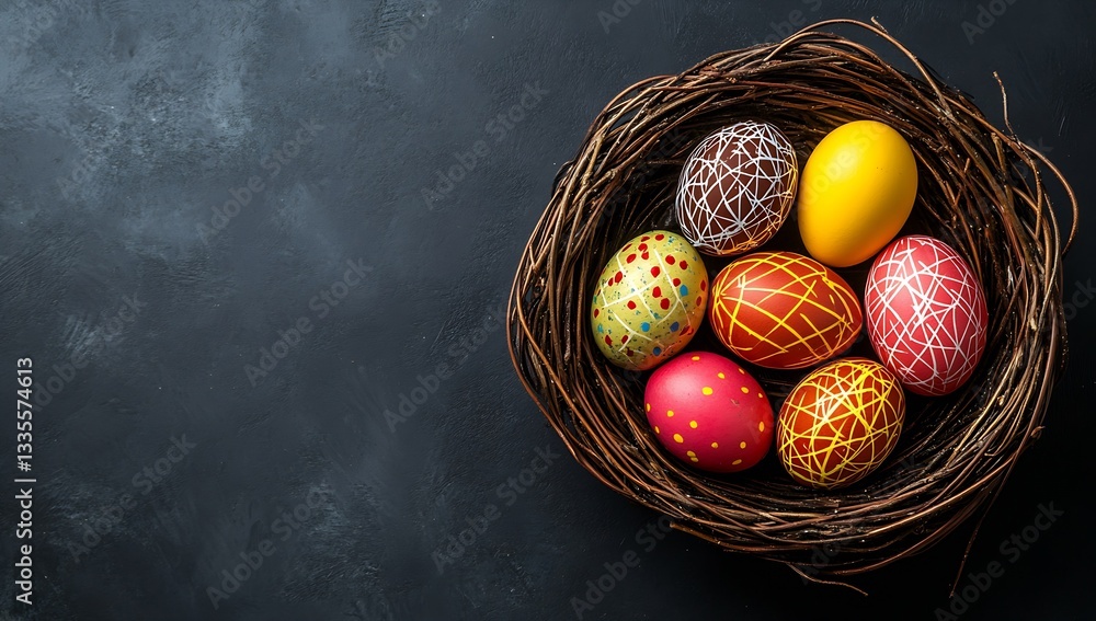 Poster an appealing assortment of colorful eggs in a woven basket with a dark background capturing the esse