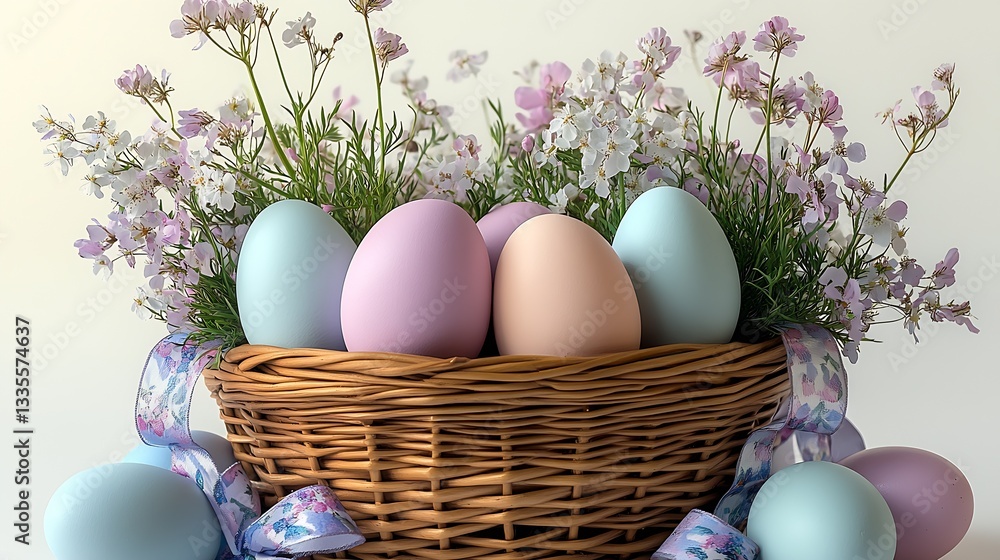Poster Charming Easter basket filled with colorful eggs and fresh flowers in a joyful spring setting : Generative AI