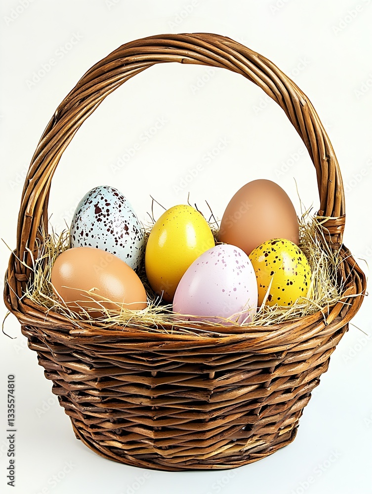 Poster colorful easter eggs arranged in a woven basket with hay on a light background : generative ai