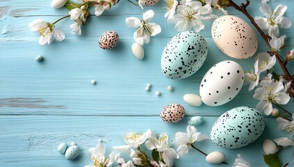 Fototapeta premium Playful speckled Easter eggs resting among cherry blossoms on a rustic blue wooden surface : Generative AI