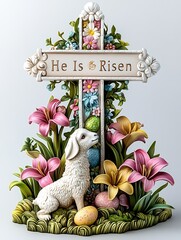 Adorable decorative Easter scene featuring a sheep, flowers, and vibrant eggs with a cross : Generative AI