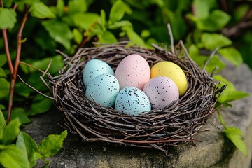 Obraz premium Textured nest with six colorful speckled eggs nestled among fresh green foliage and rocks : Generative AI
