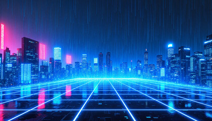 Futuristic city skyline at night with blue neon lights