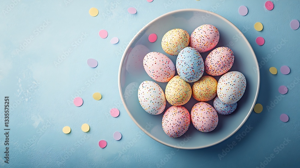 Poster delightful assortment of colorful easter eggs with sprinkles arranged in a round bowl : generative a