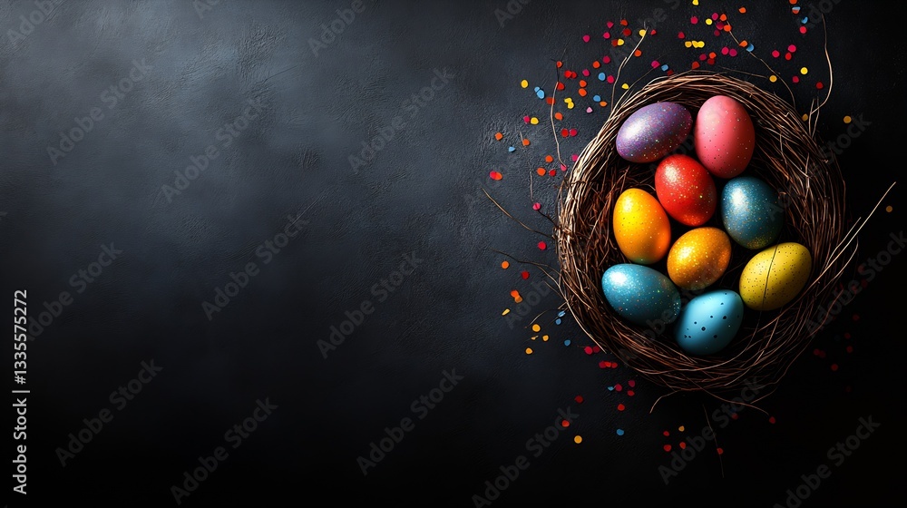 Aufkleber charming easter egg collection nestled in a decorative nest with vibrant confetti on dark background