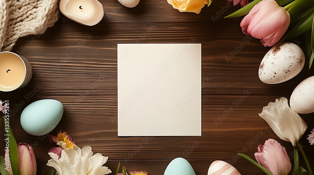 Aufkleber charming easter setup showcasing colorful eggs and fresh flowers surrounding a blank space on wooden