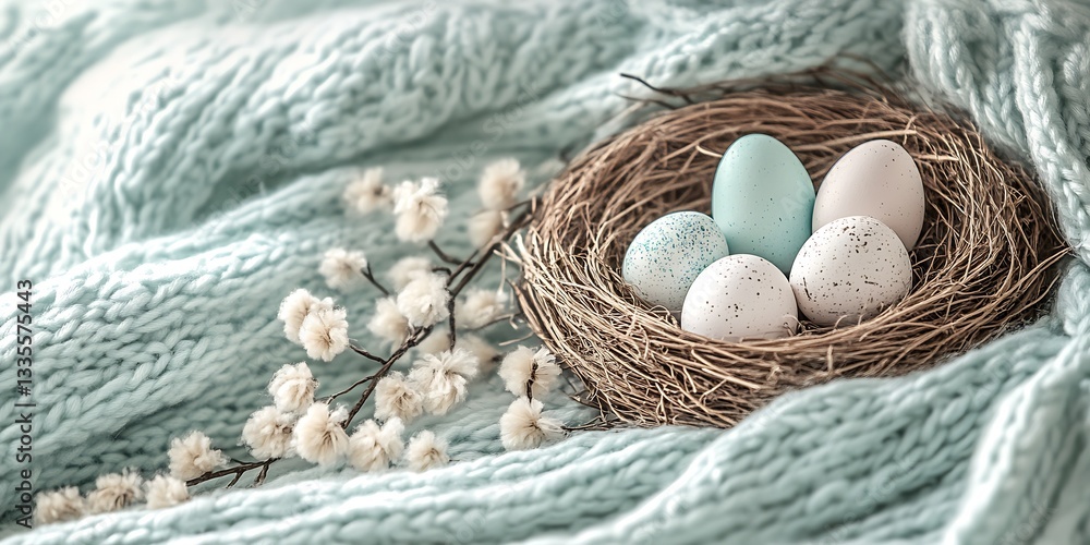Aufkleber Elegant Nest Filled with Speckled Eggs and Soft Texture on Cozy Surface : Generative AI