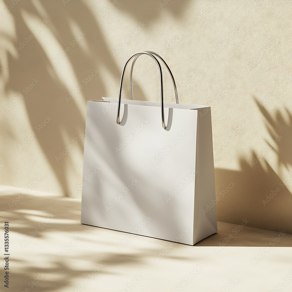 Poster contemporary simple white shopping bag on a light beige surface with reflections and shadows : gener