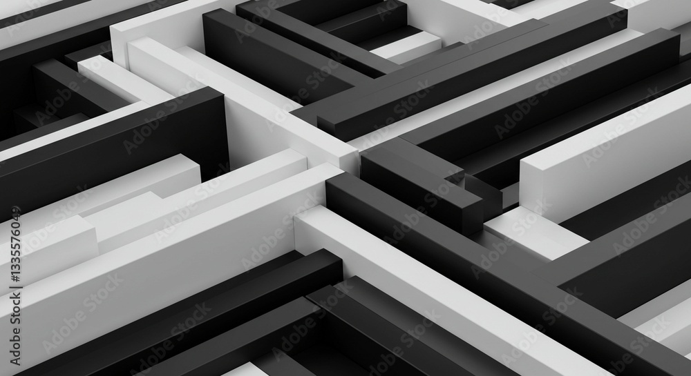 Poster abstract black and white geometric maze pattern complex 3d structure design