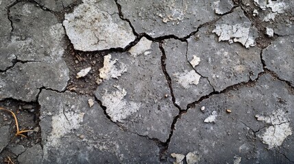 Obraz premium Weathered cracked and damaged pavement surface detailed from overhead view