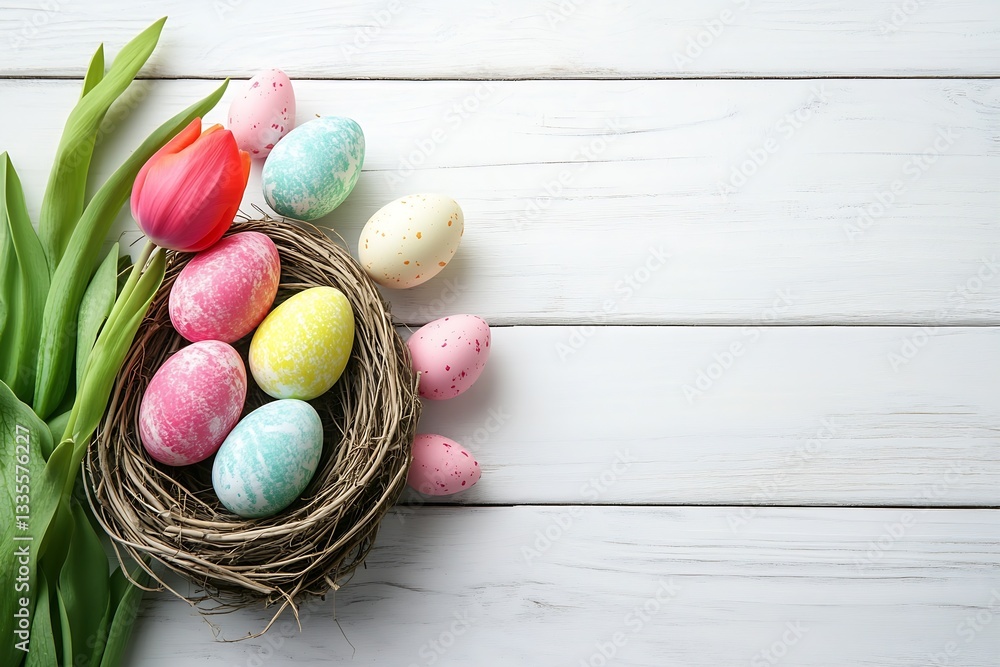 Poster delicate pastel easter eggs displayed in a natural nest with tulip flowers on a wooden table : gener