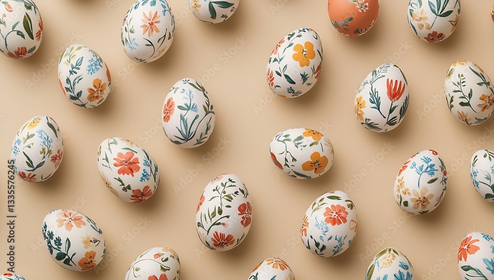 Aufkleber colorful decorative easter eggs with floral patterns arranged on a soft beige background : generativ