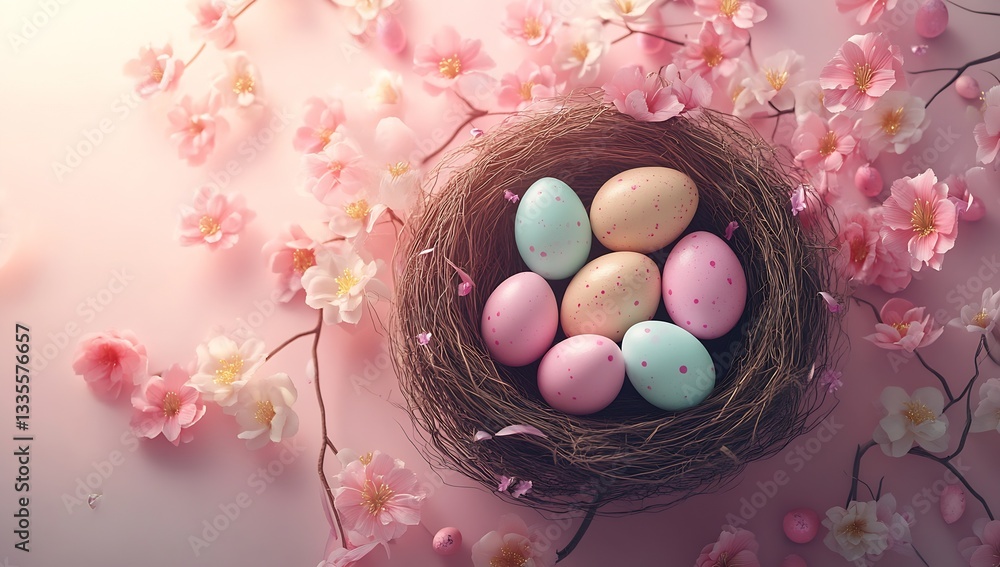 Poster lavishly decorated easter eggs in a nest surrounded by cherry blossoms creating a festive atmosphere