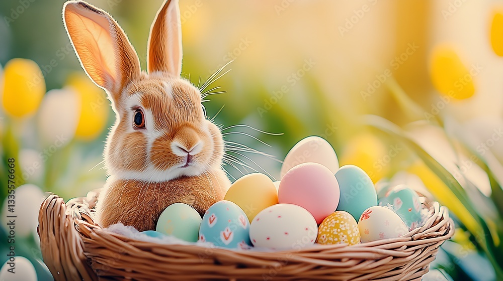 Poster lovely rabbit nestled in a basket with colorful easter eggs against a backdrop of vibrant spring flo