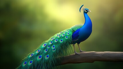 Fototapeta premium Majestic Indian Peacock Perched on a Branch in a Lush Green Forest
