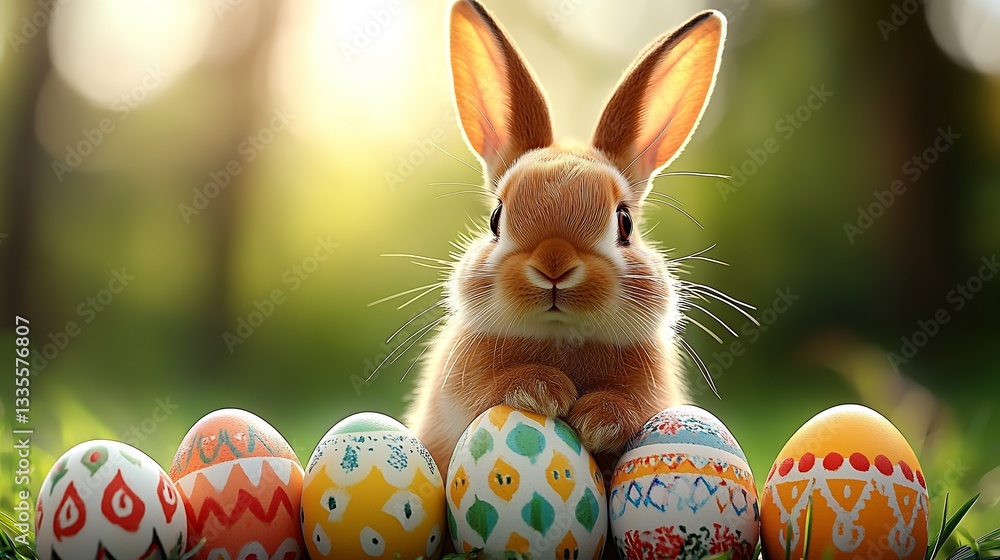 Poster cute fluffy rabbit with colorful easter eggs displayed beautifully in a bright garden setting : gene