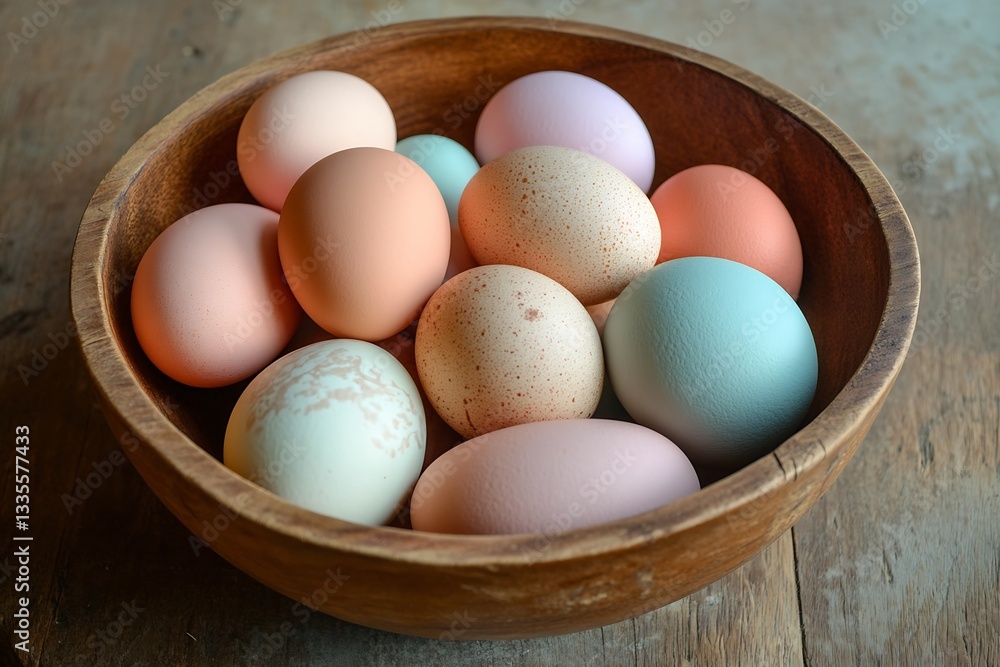 Poster elegant arrangement of lightly colored eggs in a rustic wooden bowl : generative ai