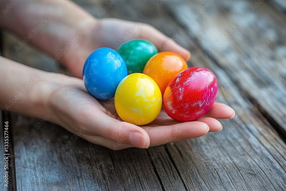 Poster Hands holding an array of colorful Easter eggs with a mix of bright and bold colors on a wooden backdrop : Generative AI